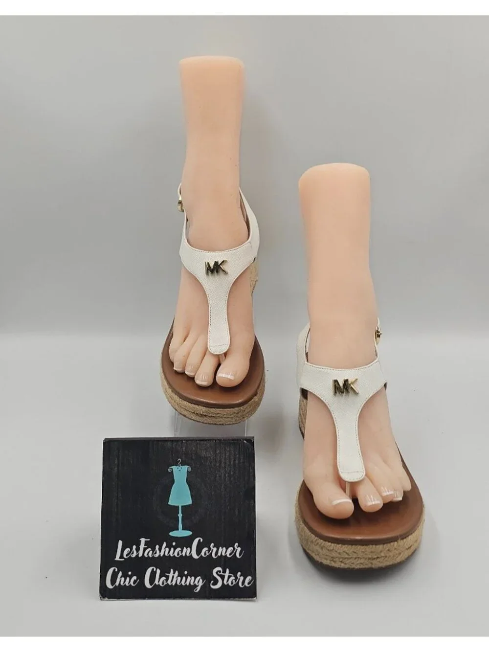 Michael Kors Womens White Leather Laney Thong Espadrille Wedge Sandals Sz 8 3763